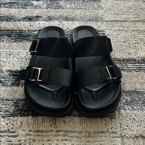 Francesca Indigo Rd Black Sandals with Gold Accents